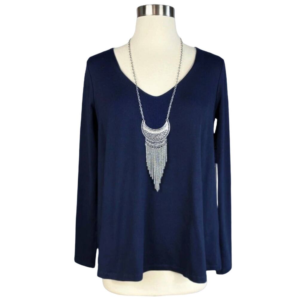 SUSANA MONACO Jersey Blouse Long Sleeve V-Neck Top Midnight (Blue) Tunic XS NWT